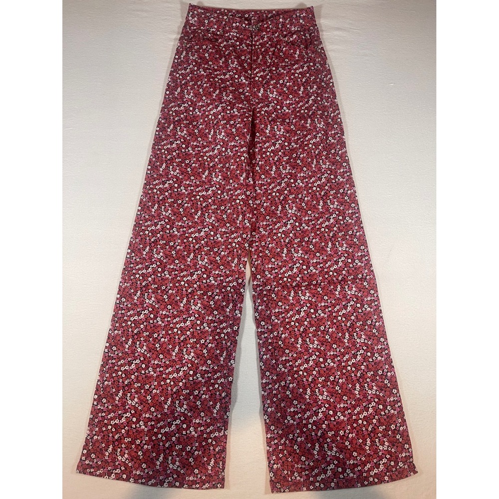 H&M Divided Women Red Floral High Waisted Wide Leg Pants Ditsy Print Size 2